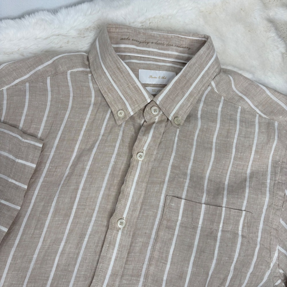 Porter & Ash Mens Large 100% Linen Short Sleeve Striped Button Down Shirt Tan L